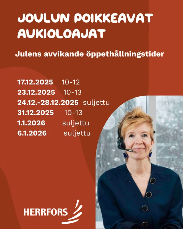 (FI/SVE) Muutetut aukioloajat jouluna 🎄⁠
Joulun pyhien aikana asiakaspalvelullamme on poikkeavat aukioloajat. Olemme täällä auttamassa, pyydämmehän tarkistamaan aukioloaikamme ennen yhteydenottoa.⁠
⁠
//⁠
⁠
Ändrade öppettider i jul 🎄⁠
Under julhelgen har vår kundtjänst avvikande öppettider. Vi finns här för att hjälpa dig, men ber dig vänligen kontrollera våra öppethållningstider innan du tar kontakt. ⁠
⁠
#herrfors