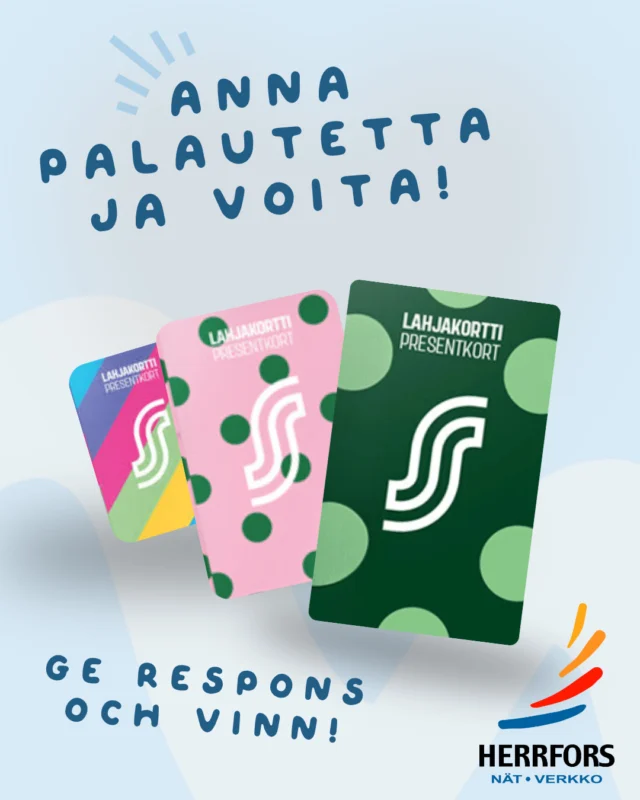 (FI/SVE) Anna palautetta ja voita! 🎉⁠
⁠
Nyt voit tutustua Herrfors Nät-Verkon kehittämissuunnitelmaan ja antaa palautetta tulevaisuuden sähköverkosta. Julkinen kuuleminen on käynnissä 31.5.2026 saakka.⁠
⁠
Kaikkien palautetta antaneiden kesken arvomme 5 kappaletta 50 €:n lahjakortteja S-ryhmään.⁠
⁠
👉 Tutustu kehittämissuunnitelmaan ja anna palautetta verkossa bion linkin kautta.⁠
⁠
//⁠
⁠
Ge respons och vinn! 🎉⁠
⁠
Nu kan du ta del av Herrfors Nät-Verkkos utvecklingsplan och ge respons på framtidens elnät. Den offentliga hörandeperioden pågår till 31.5.2026.⁠
⁠
Bland alla som lämnar respons lottar vi ut 5 presentkort à 50 € till S-gruppen.⁠
⁠
👉 Ta del av utvecklingsplanen och ge respons på webben via länken i bio.⁠
⁠
#herrforsnätverkko #herrfors