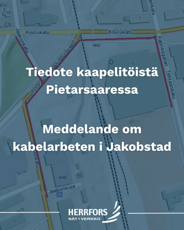 (FI/SVE) ⚠️TIEDOTE KAAPELITÖISTÄ PIETARSAARESSA⁠
⁠
⚡️Herrfors Nät-Verkko Oy Ab aloittaa Pietarsaaren sähköverkon vahvistamishankkeen viikolla 44.⁠
⁠
🔹Työt alkavat Tehtaankadun kauppakeskuksen läheisyydestä ja käsittävät uusien maakaapeleiden kaivuu- ja asennustöitä keskustan suuntaan.⁠
⁠
🔹Hankkeen tavoitteena on parantaa sähkönjakelun toimitusvarmuutta ja lisätä jakeluverkon kapasiteettia. Investointi on osa pitkäjänteistä työtämme turvallisen ja luotettavan sähkönjakelun varmistamiseksi.⁠
Jotta työt voidaan toteuttaa suunnitelmien mukaisesti, töitä tehdään myös tavanomaisen työajan ulkopuolella.⁠
⁠
🔹Hankkeen aikana liikennejärjestelyihin voi tulla tilapäisiä rajoituksia ja muutoksia. Kehotamme kaikkia tienkäyttäjiä noudattamaan erityistä varovaisuutta työmaa-alueen läheisyydessä sekä seuraamaan tilapäisiä liikennemerkkejä ja ohjeita.⁠
⁠
Töiden arvioidaan valmistuvan marraskuun 2026 aikana.⁠
Pahoittelemme töistä mahdollisesti aiheutuvaa haittaa ja kiitämme kaikkia ymmärryksestä ja muiden huomioon ottamisesta. ⁠
⁠
//⁠
⁠
⚠️MEDDELANDE OM KABELARBETEN I JAKOBSTAD⁠
⁠
⚡️Herrfors Nät-Verkko Oy Ab inleder ett projekt för att förstärka elnätet i Jakobstad från och med vecka 44.⁠
⁠
🔹Arbetet inleds i närheten av handelscentret vid Fabriksgatan och omfattar grävnings- och installationsarbeten för nya jordkablar in mot centrum.⁠
⁠
🔹Syftet med projektet är att förbättra leveranssäkerheten och öka kapaciteten i el distributionsnätet. Investeringen är en del av vårt långsiktiga arbete för att säkerställa en trygg och tillförlitlig eldistribution.⁠
För att arbetet ska kunna genomföras enligt plan kommer arbetsinsatser även att förekomma utanför ordinarie arbetstid.⁠
⁠
🔹Under projektets gång kan tillfälliga begränsningar och förändringar i trafikarrangemangen förekomma. Vi uppmanar därför alla trafikanter att iaktta särskild försiktighet i närheten av arbetsområdet samt att följa tillfälliga trafikskyltar och anvisningar.⁠
⁠
⁠
Arbetet beräknas vara slutfört under november 2026.⁠
Vi beklagar eventuella olägenheter som arbetet kan medföra och tackar allmänheten för visad förståelse och hänsyn.⁠
⁠
#herrfors #herrforsnätverkko⁠